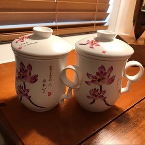 Hand painted porcelain teacups with lids & infuser